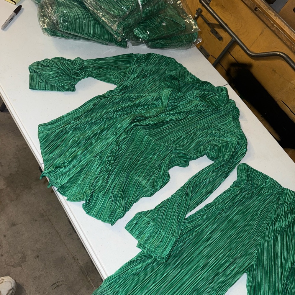 Green Pleated Shirt and Pants Set